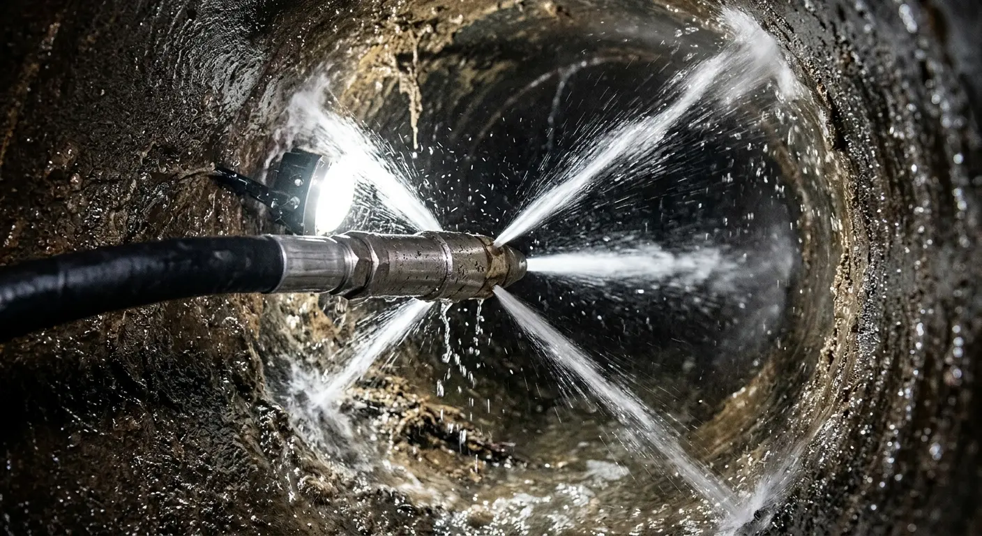 High-pressure hydro jetting nozzle cleaning sewer pipe for Sewer Cleanout in Mays Chapel