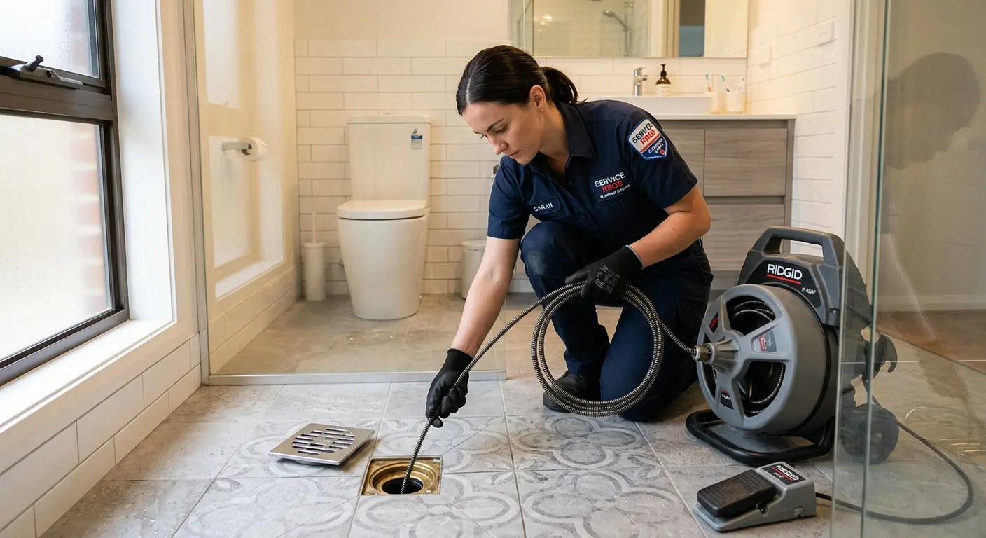 Technician clearing a bathroom floor drain for Clogged Drain Repair in Mays Chapel